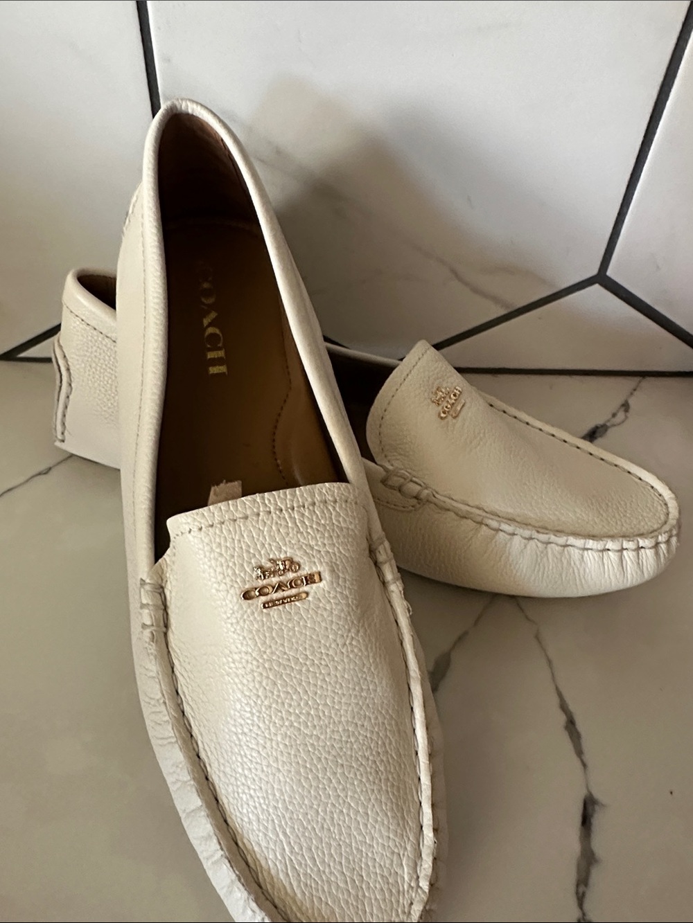 Coach Cream Pebbled Leather Moccasin Loafers with Gold Logo